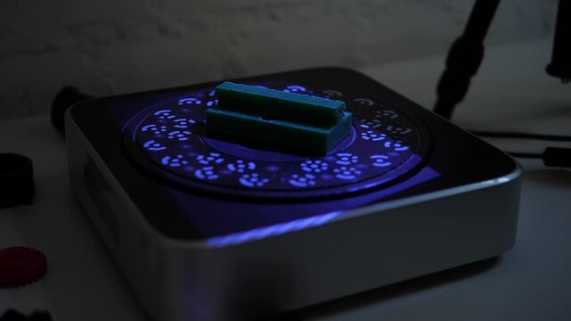 Close-up of a working modern 3D scanner reading data from a plastic object. Ultraviolet light when scanning the model. A 3D scanner scans a plastic model in a modern laboratory.