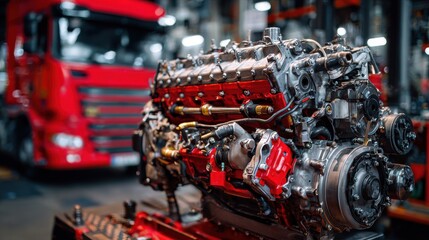 High-Quality Stock image of disassembled truck engine in repair service. Heavy machinery, diesel motor vehicle part close-up. Red truck blurred background. Maintenance, repair.