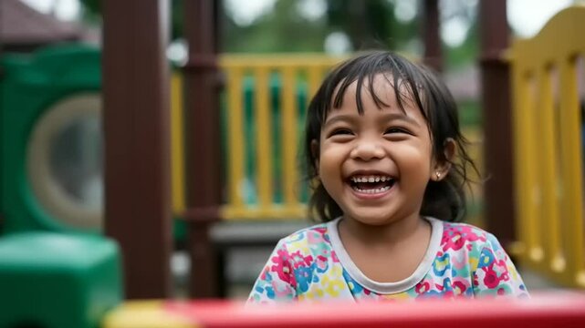 Joyful young girl laughing at a playground