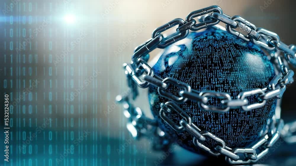 Poster A digital sphere covered in binary code is wrapped tightly by a heavy metal chain, symbolizing cybersecurity or data protection.