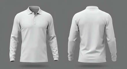 A blank, light gray polo shirt with long sleeves, presented in a front and back view against a plain gray background.