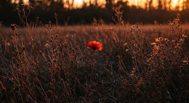 A solitary orange flower stands out against a field of dried brown plants at sunset.  Golden light bathes the scene