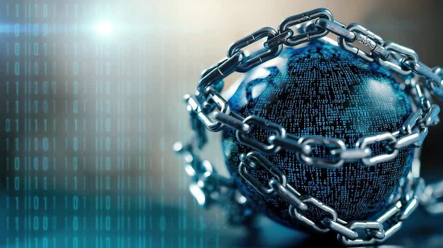 A digital sphere covered in binary code is wrapped tightly by a heavy metal chain, symbolizing cybersecurity or data protection.