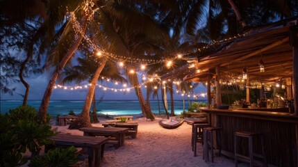 Beach Bar Under Palm Canopy with Glowing Lights