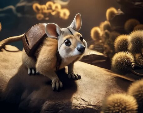The Curious Creature on Rocky Ground: A whimsical and engaging scene of a small, unique creature, likely a fantasy or stylized animal, perched on rough, rocky ground with unusual vegetation.
