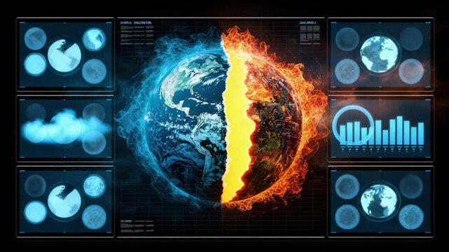 A split Earth with one half icy blue and the other burning with fire, symbolizing climate change and environmental crisis.