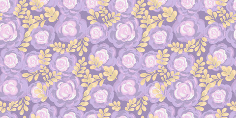 Seamless vector floral pattern with hand painted purple roses and yellow leaves on a pastel violet background. Artistic brushstroke style, perfect for textiles, wallpapers, invitations, fashion