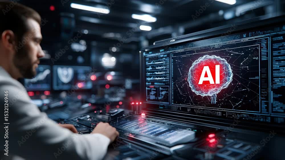 Poster A futuristic control room with a digital brain diagram displayed on a main computer screen, highlighting advanced technology and cybersecurity.