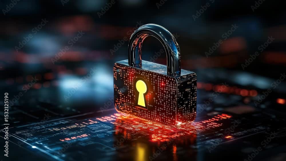 Poster A digital padlock glows on a circuit board, symbolizing cybersecurity and data protection.