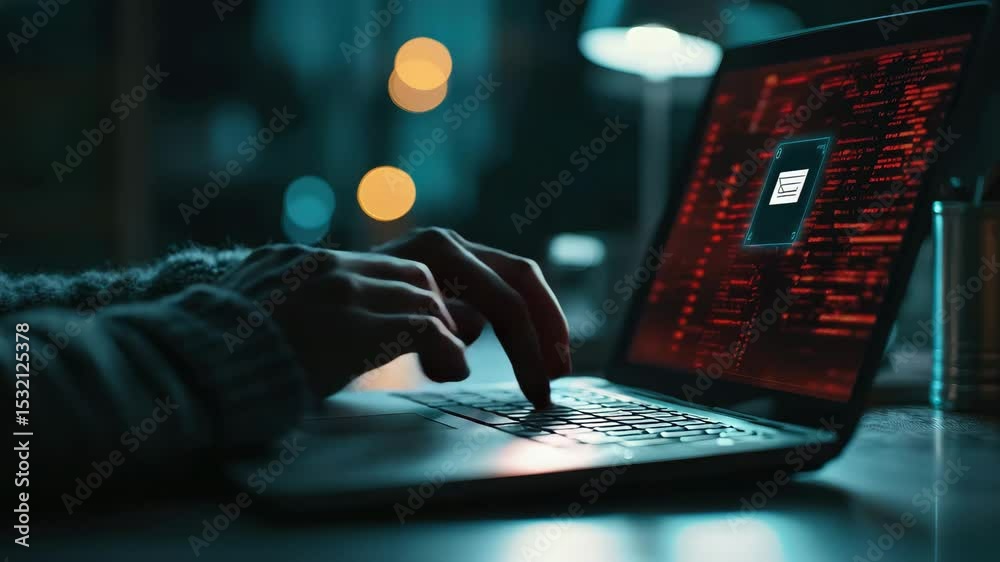 Poster A person types on a laptop in a dark room, with code and a document icon displayed on the screen.