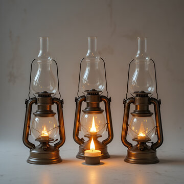 three oil lamps and lamplighter