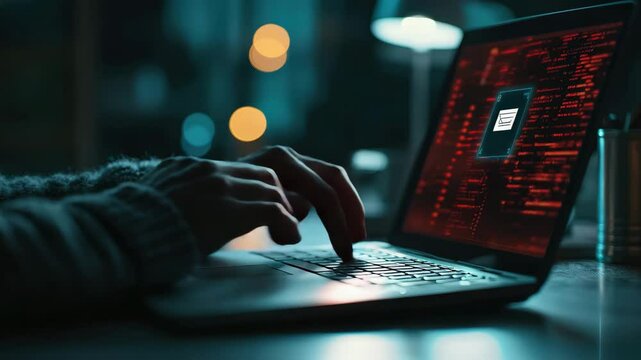 A person types on a laptop in a dark room, with code and a document icon displayed on the screen.