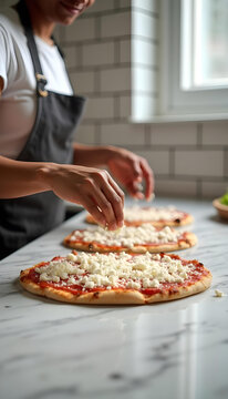 Pizzero preparando una pizza en un restaurante italiano. Masa con tomate y mozzarella
