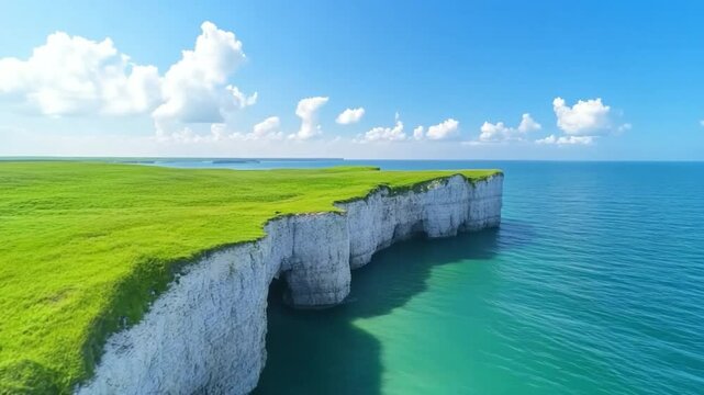 Birling Gap Coastal Majesty: Birling Gap's iconic chalk cliffs meet the turquoise sea beneath a brilliant blue sky, with lush green clifftop grasses adding vibrant color to this scenic coastline.