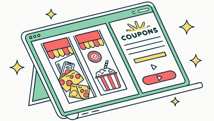 Digital tablet displaying coupons for local shops and food items with sparkling star accents around it