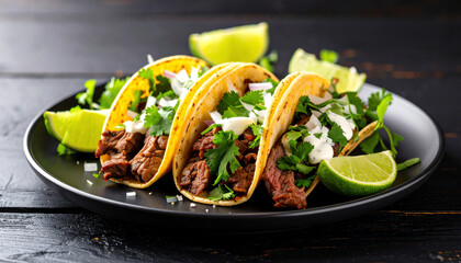 Delicious beef tacos garnished with fresh cilantro, onions, and lime wedges, served on a black plate against a dark background
