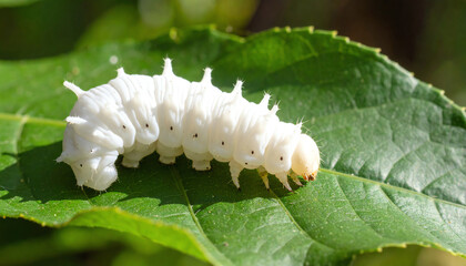 Fototapeta premium A white caterpillar rests on a green leaf, showcasing its unique texture and form in natural sunlight