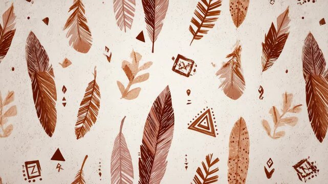 Hand-drawn boho tribal feathers and symbols in earthy tones, arranged as a seamless artistic pattern on beige background.

