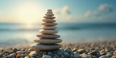 Obraz premium Balanced stacked stones on a pebble beach at sunrise with calm sea and soft pastel sky 