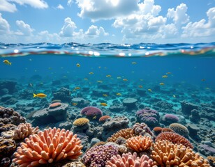 Fototapeta premium coral reefs near coastal cities damaged by air pollution contributing to ocean acidification and warming, threatening marine biodiversity.