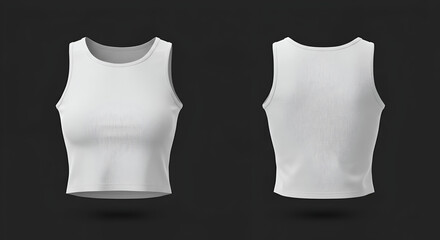 Blank white cropped tank top, front and back views, on a dark background. Mockup of women's athletic wear for design and branding purposes. Mock-up for apparel and advertising.