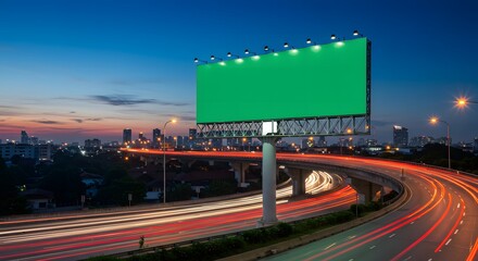 a billboard with  greenscreen background in highway and flyover at evening, generated by Ai