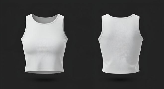 Blank white cropped tank top, front and back views, on a dark background. Mockup of women's athletic wear for design and branding purposes. Mock-up for apparel and advertising.