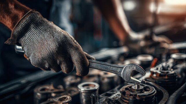 High-Quality Stock image of auto mechanic working on car broken engine in mechanics service or garage. Transport maintenance wrench detial.
