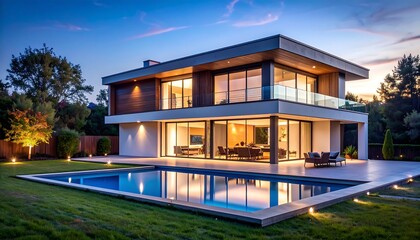Fototapeta premium Modern house by a pool at twilight (1)