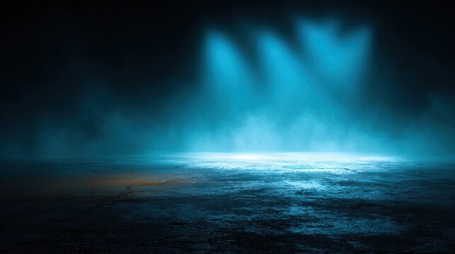 High-Quality Stock image of abstract dark background, illuminated with blue light and fog on the asphalt floor. Empty scene for product presentation.