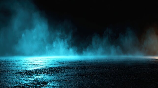 High-Quality Stock image of abstract dark background, illuminated with blue light and fog on the asphalt floor. Empty scene for product presentation.