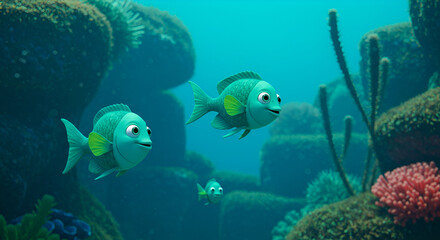 Fototapeta premium Cartoon teal fish in an underwater aquarium setting. Two fish swim among coral and rocks in a clear, vibrant aquatic environment.