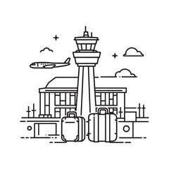 Modern airport terminal with airplanes taking off and landing