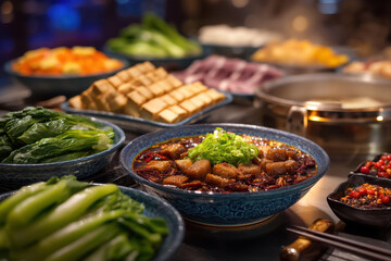 Fototapeta premium Spicy hot pot with braised meat and fresh vegetables served in blue bowls on table, creating warm and inviting meal scene