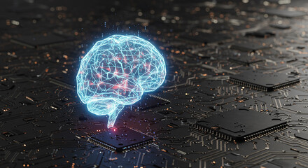 Glowing brain representing artificial intelligence and technology in a futuristic digital circuit