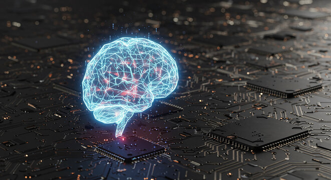 Glowing brain representing artificial intelligence and technology in a futuristic digital circuit