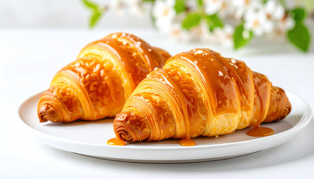 Golden croissants drizzled with caramel sauce, served on a white plate with a backdrop of soft floral elements, creating an appealing and inviting dessert scene - Powered by Adobe