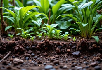 tropical wet environment encouraging symbiotic relationships between plants and soil microbes vital for nutrient uptake.