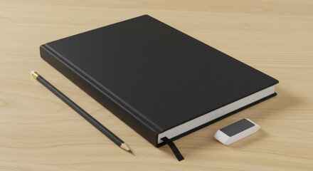 Black notebook with a pencil and eraser on a light wooden surface. A student's essential writing tools on a desk for studying or note-taking.