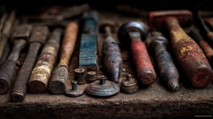 High-Quality Stock image of collection of Dusty and Rusty Tools - A Vintage Industrial Ensemble.
