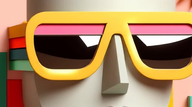 3D stylized head wearing colorful oversized sunglasses, concept of unusualness  