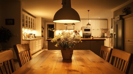Cozy Kitchen at Night: Warm Lighting and Wooden Table