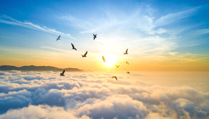 Fototapeta premium A breathtaking sunrise with birds soaring over a sea of clouds, creating a serene and uplifting atmosphere in the sky