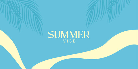 Minimalist summer background with palm leaves and waves. Tropical summer leaf shadows. Summer sale banner. Vector illustration
