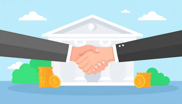 Business handshake in front of a bank building