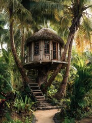 Treehouse Nestled in Palm Canopy