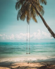 Tropical Beach with Palm Tree and Swing