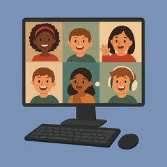  Kids Online Class Video Call on Computer – Cartoon Vector Illustration