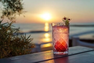 Tropical Cocktail with Ocean Sunset View