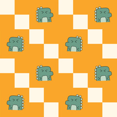 Hand-drawn cute dinosaur on an orange background. Seamless pattern is animal for clothing, fabric, wallpaper, backdrop, home decoration, cover book, and wall art.
